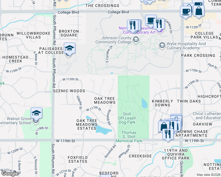 map of restaurants, bars, coffee shops, grocery stores, and more near 11520 Rosehill Road in Overland Park