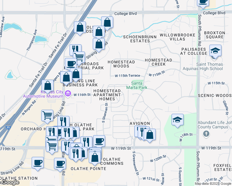 map of restaurants, bars, coffee shops, grocery stores, and more near 14330 West 116th Street in Olathe