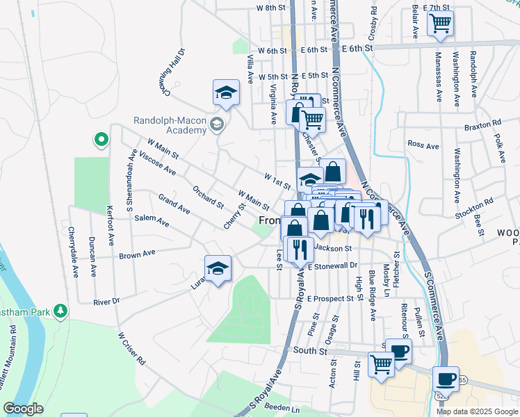 map of restaurants, bars, coffee shops, grocery stores, and more near 132 West Main Street in Front Royal