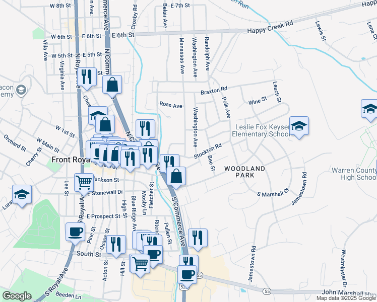 map of restaurants, bars, coffee shops, grocery stores, and more near 107 Manassas Avenue in Front Royal