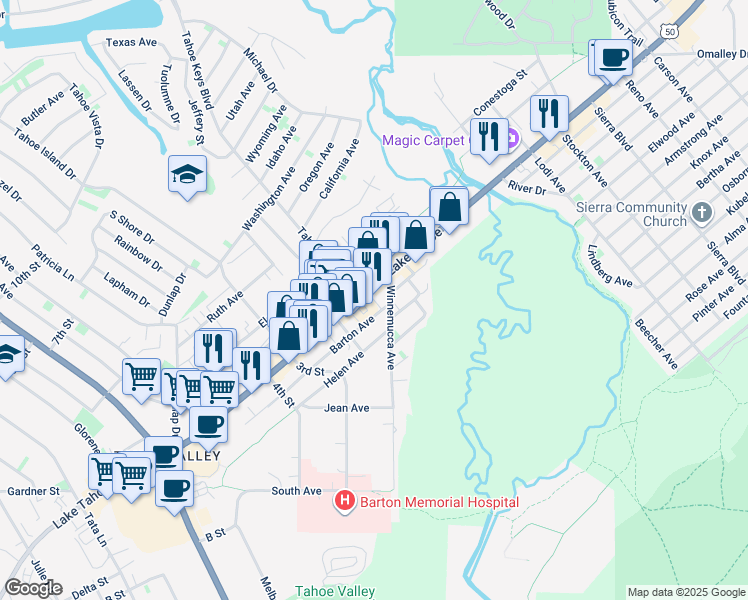map of restaurants, bars, coffee shops, grocery stores, and more near 2264 Lake Tahoe Boulevard in South Lake Tahoe