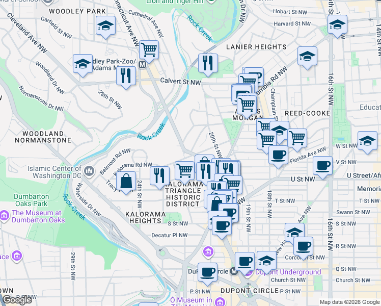 map of restaurants, bars, coffee shops, grocery stores, and more near Connecticut Avenue Northwest & Ashmead Place Northwest in Washington