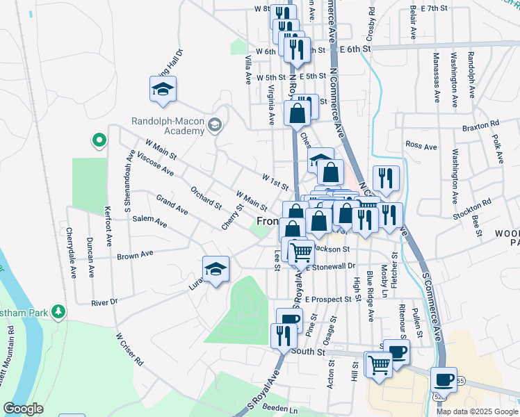 map of restaurants, bars, coffee shops, grocery stores, and more near 132 West Main Street in Front Royal
