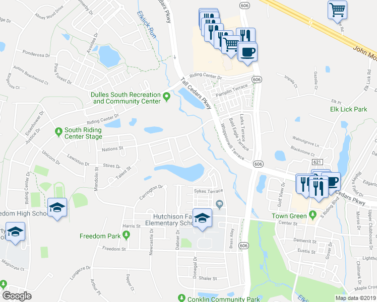 map of restaurants, bars, coffee shops, grocery stores, and more near 42759 Gelding Square in Chantilly