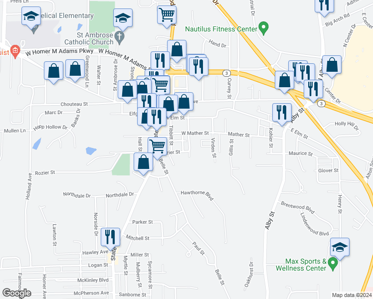 map of restaurants, bars, coffee shops, grocery stores, and more near 222 Rozier Street in Alton