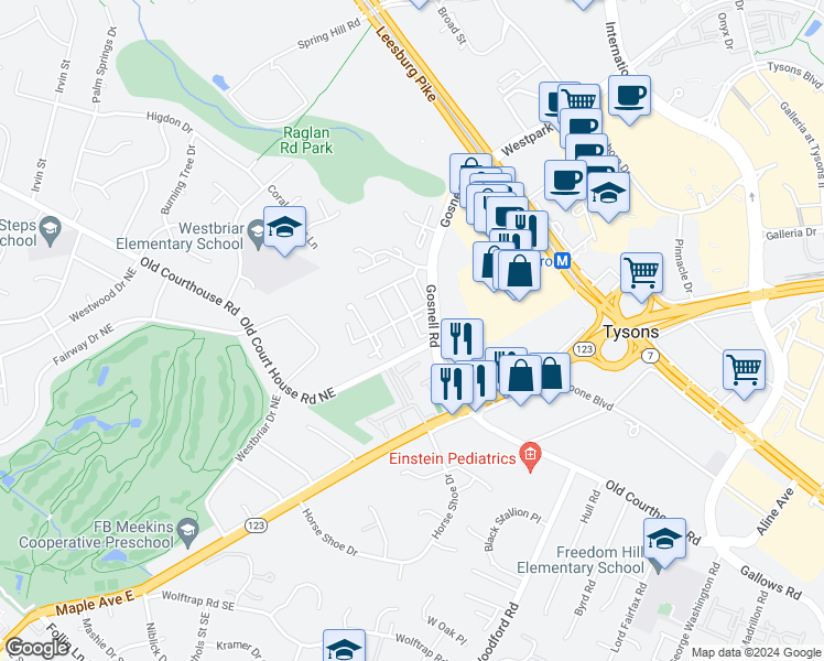 map of restaurants, bars, coffee shops, grocery stores, and more near 1808 Dawson Street in Vienna