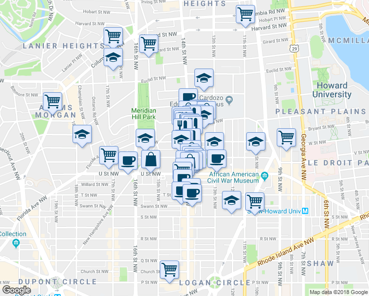 map of restaurants, bars, coffee shops, grocery stores, and more near 2118 14th Street Northwest in Washington