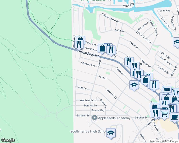 map of restaurants, bars, coffee shops, grocery stores, and more near 657 Tata Lane in South Lake Tahoe