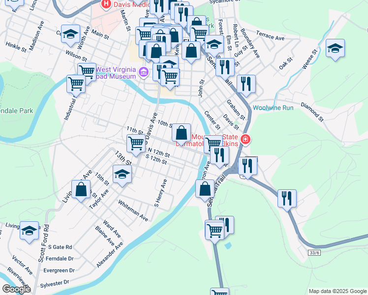 map of restaurants, bars, coffee shops, grocery stores, and more near 213 11th St in Elkins