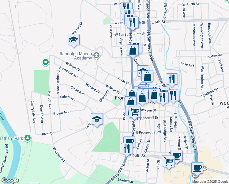 map of restaurants, bars, coffee shops, grocery stores, and more near 140 West Main Street in Front Royal