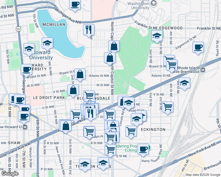 map of restaurants, bars, coffee shops, grocery stores, and more near 101 Independence Avenue Southeast in Washington