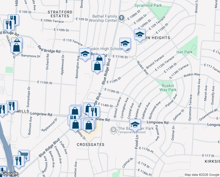 map of restaurants, bars, coffee shops, grocery stores, and more near 6906 East 113th Street in Kansas City