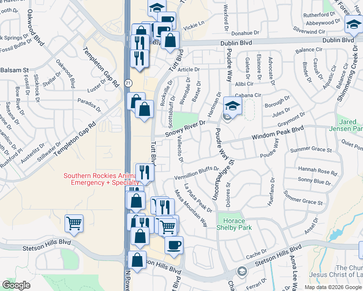 map of restaurants, bars, coffee shops, grocery stores, and more near 6074 Vallecito Drive in Colorado Springs