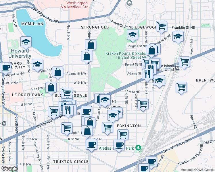map of restaurants, bars, coffee shops, grocery stores, and more near 2121 Lincoln Road Northeast in Washington