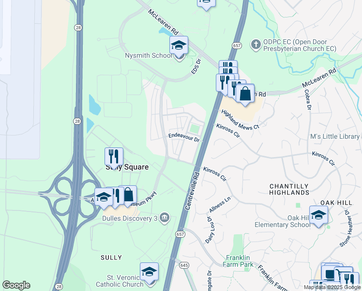 map of restaurants, bars, coffee shops, grocery stores, and more near 3206 Yeager Drive in Herndon