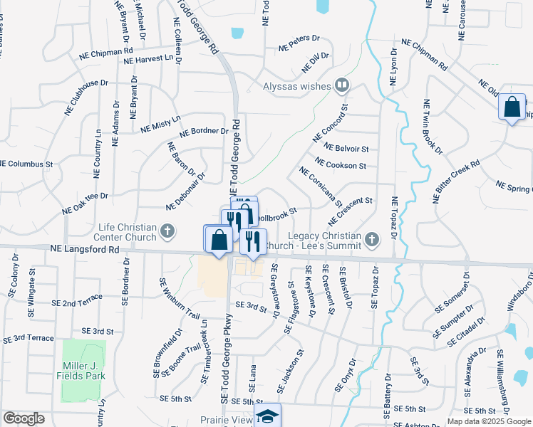 map of restaurants, bars, coffee shops, grocery stores, and more near 1848 Northeast Knollbrook Place in Lee's Summit