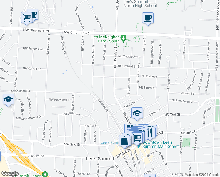 map of restaurants, bars, coffee shops, grocery stores, and more near 301 Northeast Douglas Street in Lee's Summit