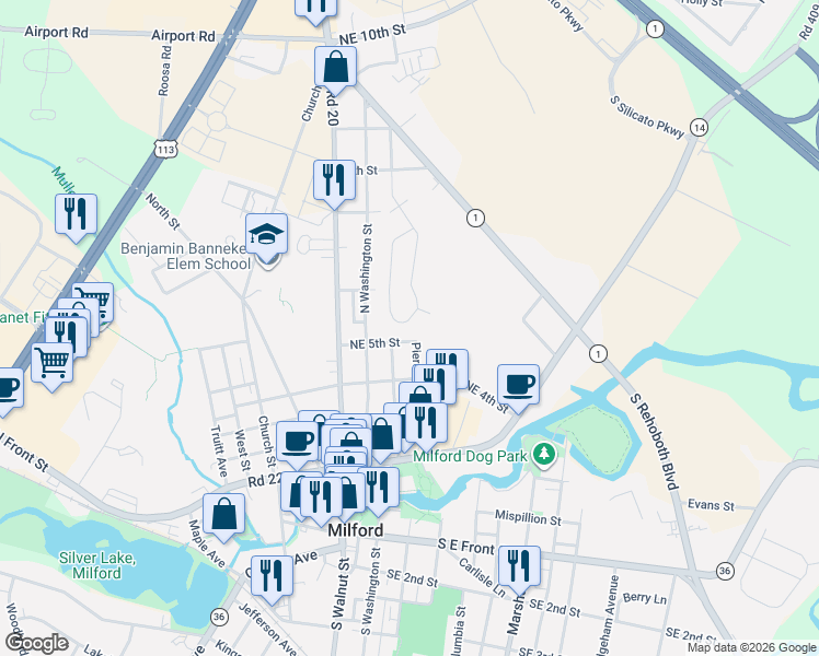 map of restaurants, bars, coffee shops, grocery stores, and more near 37 General Torbert Drive in Milford