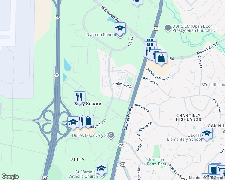 map of restaurants, bars, coffee shops, grocery stores, and more near 13743 Air and Space Museum Parkway in Herndon