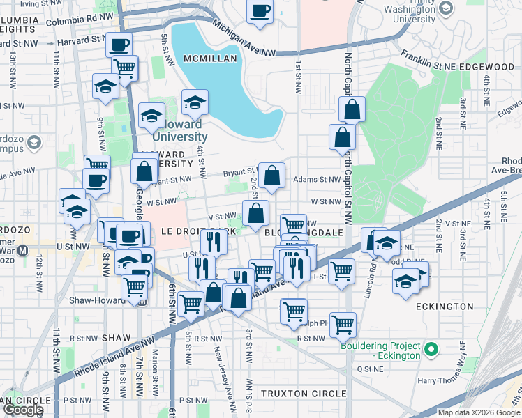 map of restaurants, bars, coffee shops, grocery stores, and more near 101 Independence Avenue Southeast in Washington