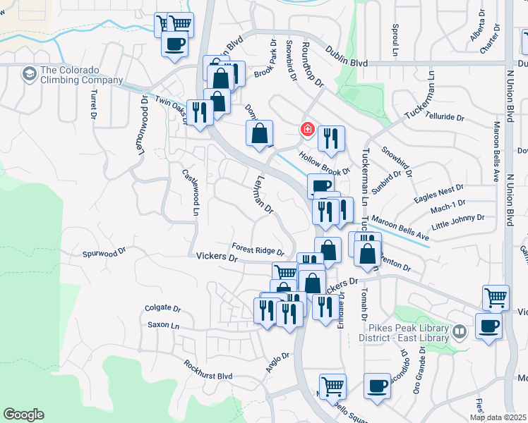 map of restaurants, bars, coffee shops, grocery stores, and more near 5980 Leewood Drive in Colorado Springs