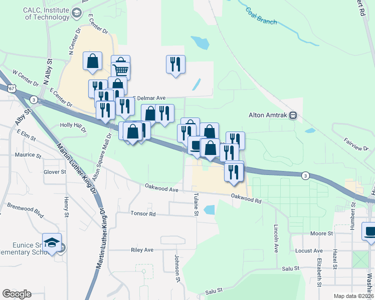 map of restaurants, bars, coffee shops, grocery stores, and more near 1702 East Homer M Adams Parkway in Alton