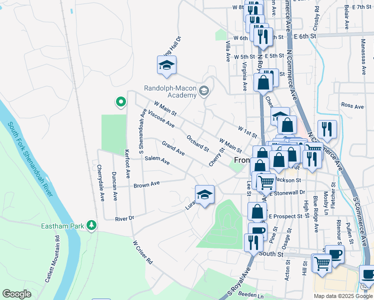 map of restaurants, bars, coffee shops, grocery stores, and more near 319 Grand Avenue in Front Royal
