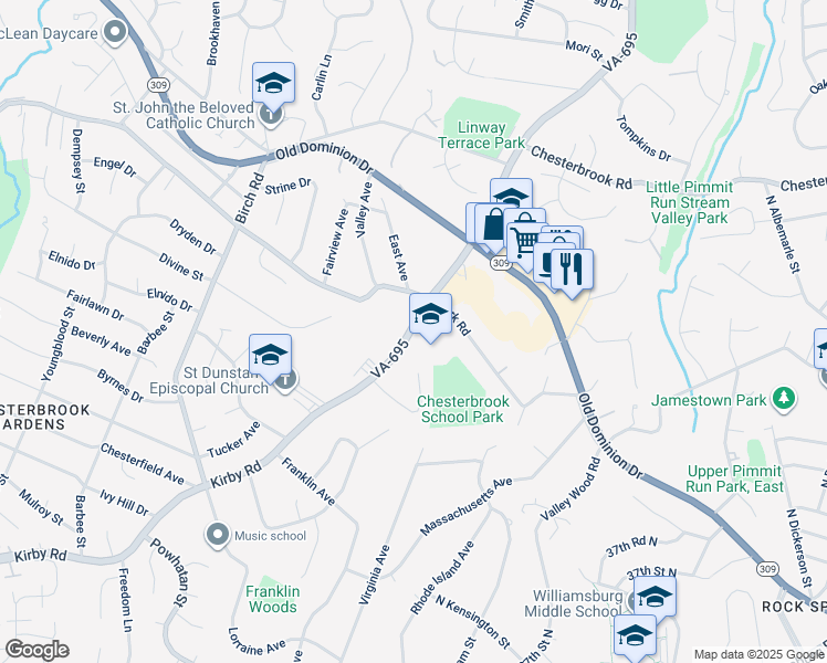 map of restaurants, bars, coffee shops, grocery stores, and more near 1753 Kirby Road in McLean
