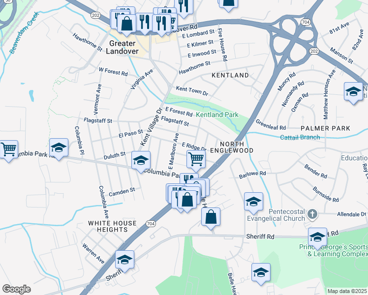 map of restaurants, bars, coffee shops, grocery stores, and more near 7109 East Ridge Drive in Greater Landover
