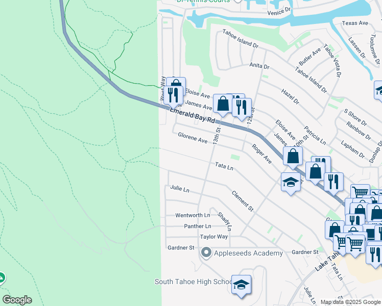 map of restaurants, bars, coffee shops, grocery stores, and more near 657 Tata Lane in South Lake Tahoe
