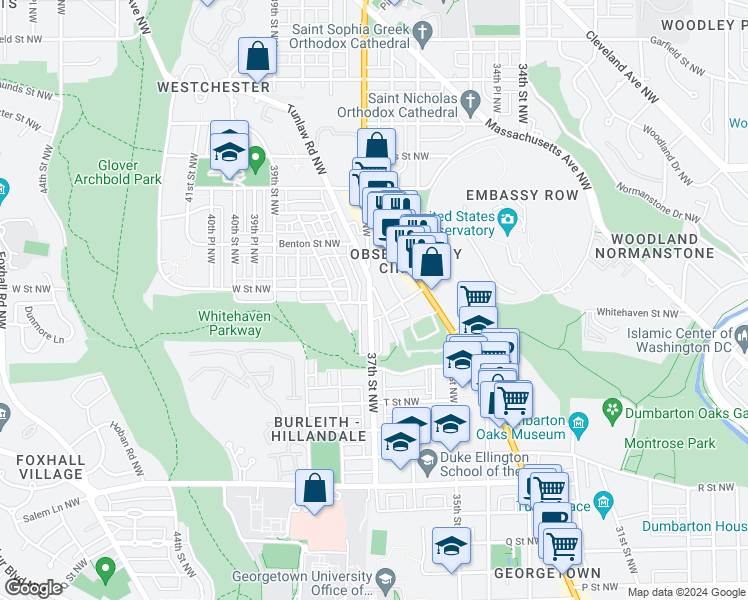 map of restaurants, bars, coffee shops, grocery stores, and more near 2119 37th Street Northwest in Washington