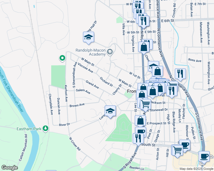 map of restaurants, bars, coffee shops, grocery stores, and more near 236 Orchard Street in Front Royal