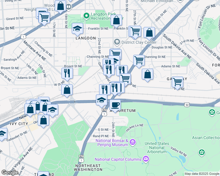 map of restaurants, bars, coffee shops, grocery stores, and more near 2130 Queens Chapel Road Northeast in Washington, D.C.