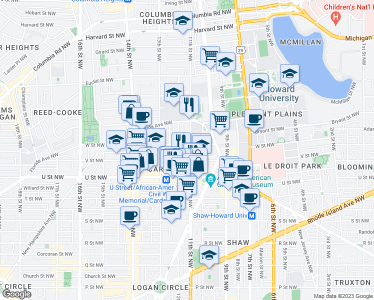 map of restaurants, bars, coffee shops, grocery stores, and more near 2128 11th Street Northwest in Washington