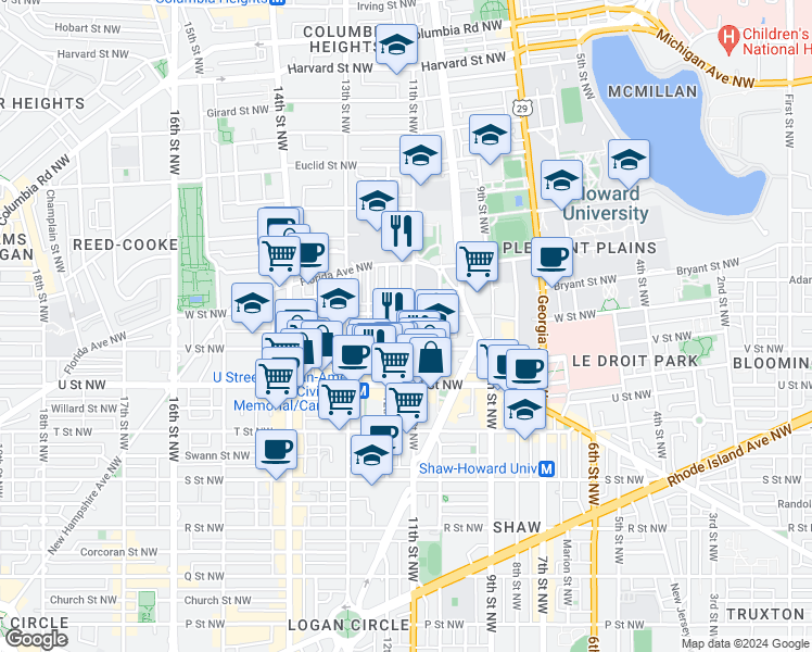 map of restaurants, bars, coffee shops, grocery stores, and more near 2128 11th Street Northwest in Washington