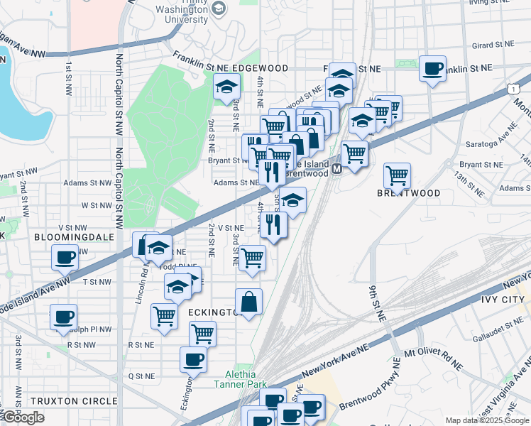 map of restaurants, bars, coffee shops, grocery stores, and more near 2127 4th Street Northeast in Washington