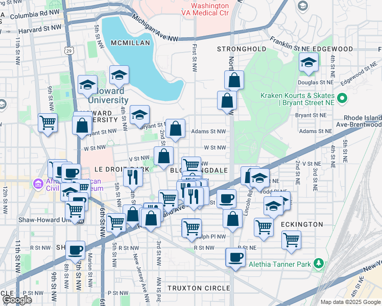 map of restaurants, bars, coffee shops, grocery stores, and more near 2122 1st Street Northwest in Washington