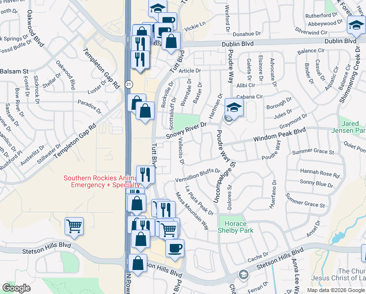 map of restaurants, bars, coffee shops, grocery stores, and more near 6074 Vallecito Drive in Colorado Springs