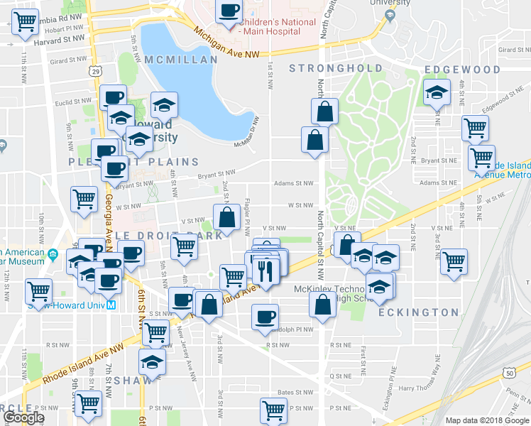 map of restaurants, bars, coffee shops, grocery stores, and more near 2122 1st Street Northwest in Washington