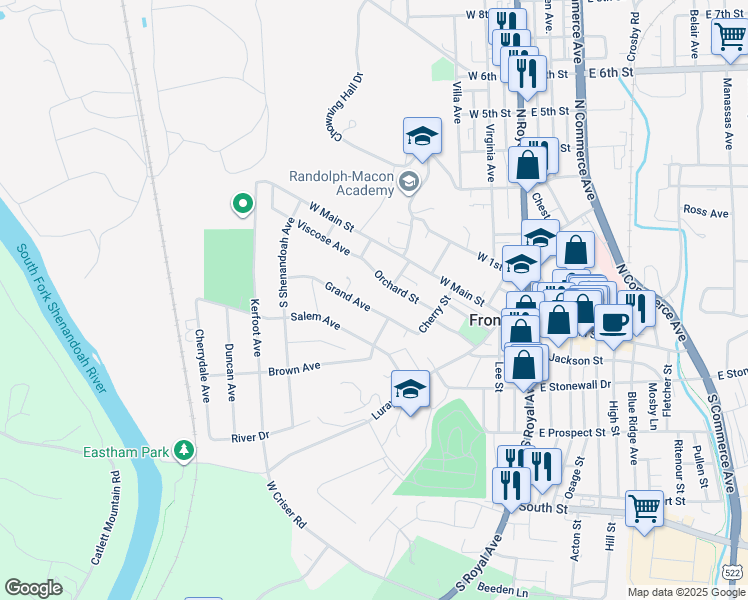 map of restaurants, bars, coffee shops, grocery stores, and more near 319 Grand Avenue in Front Royal