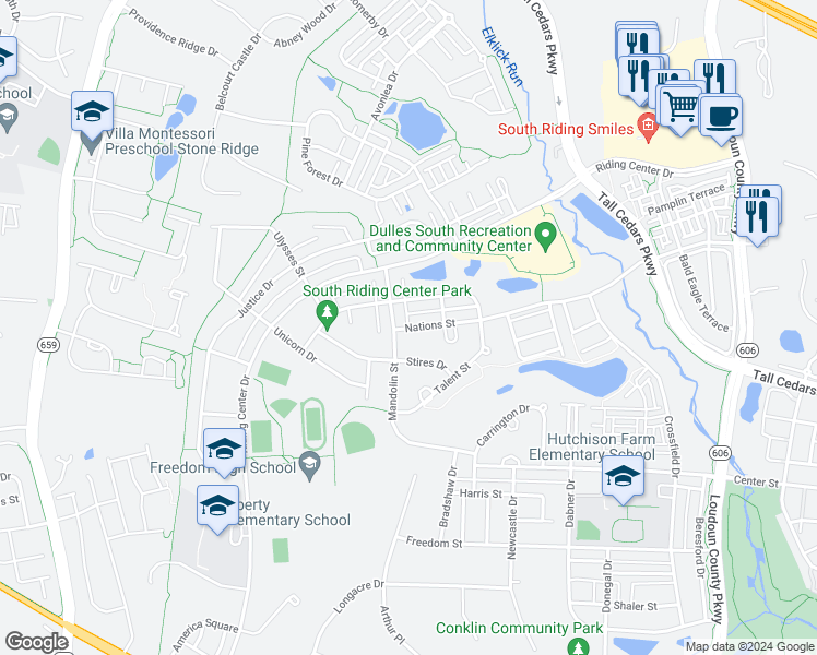 map of restaurants, bars, coffee shops, grocery stores, and more near 42558 Nations Street in Chantilly