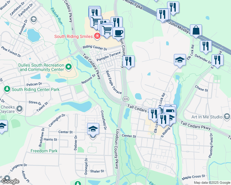 map of restaurants, bars, coffee shops, grocery stores, and more near 25249 Bald Eagle Terrace in Chantilly