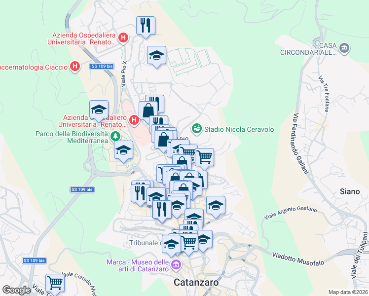 map of restaurants, bars, coffee shops, grocery stores, and more near 48 Via Francesco Paglia in Catanzaro