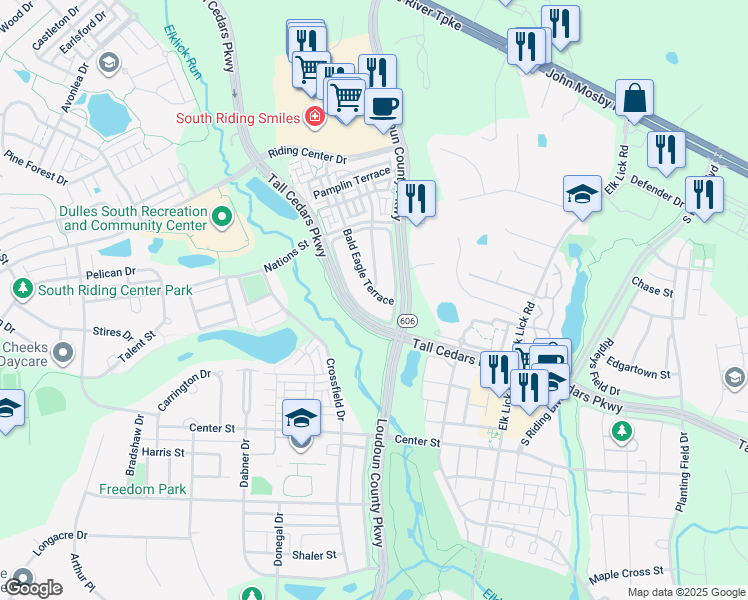 map of restaurants, bars, coffee shops, grocery stores, and more near 25249 Bald Eagle Terrace in Chantilly