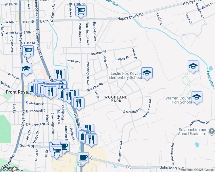 map of restaurants, bars, coffee shops, grocery stores, and more near 34 North Marshall Street in Front Royal
