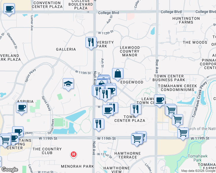 map of restaurants, bars, coffee shops, grocery stores, and more near 5280 West 115th Place in Leawood