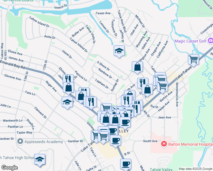 map of restaurants, bars, coffee shops, grocery stores, and more near 915 Lapham Drive in South Lake Tahoe