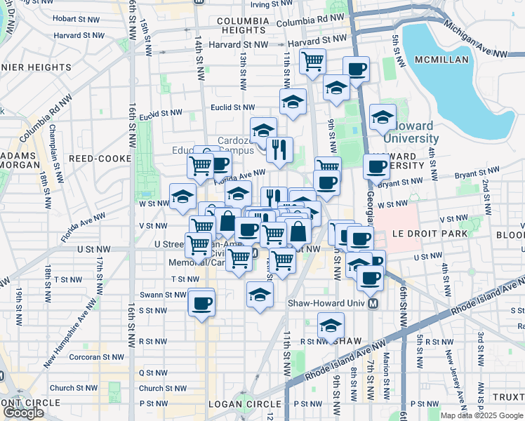 map of restaurants, bars, coffee shops, grocery stores, and more near 2127 12th Place Northwest in Washington