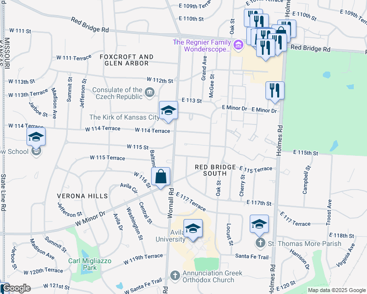 map of restaurants, bars, coffee shops, grocery stores, and more near 11501 Wornall Road in Kansas City
