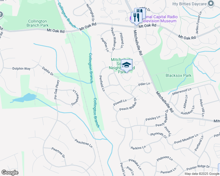map of restaurants, bars, coffee shops, grocery stores, and more near 15605 Passaie Lane in Bowie
